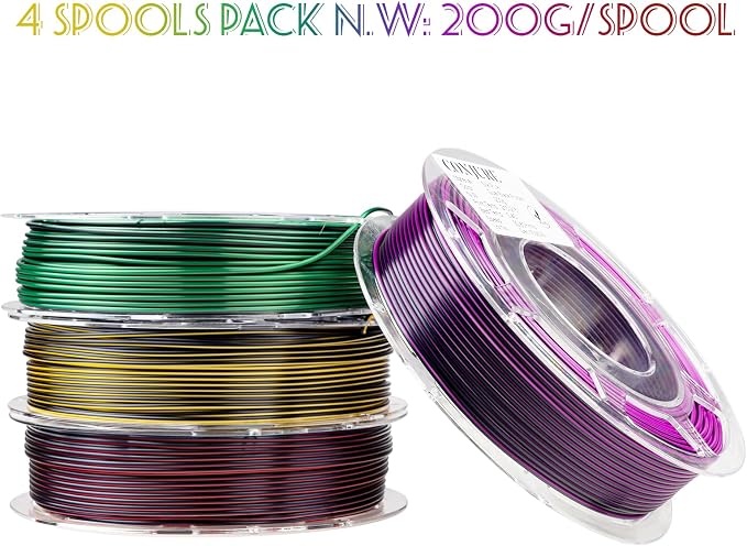 Chitu Systems Conjure Silk PLA 3D Printer Filament, 1.75mm Dual Color Filament, Silk Black Red+Gold+Purple+Dark Green 4x200g/1.8lb