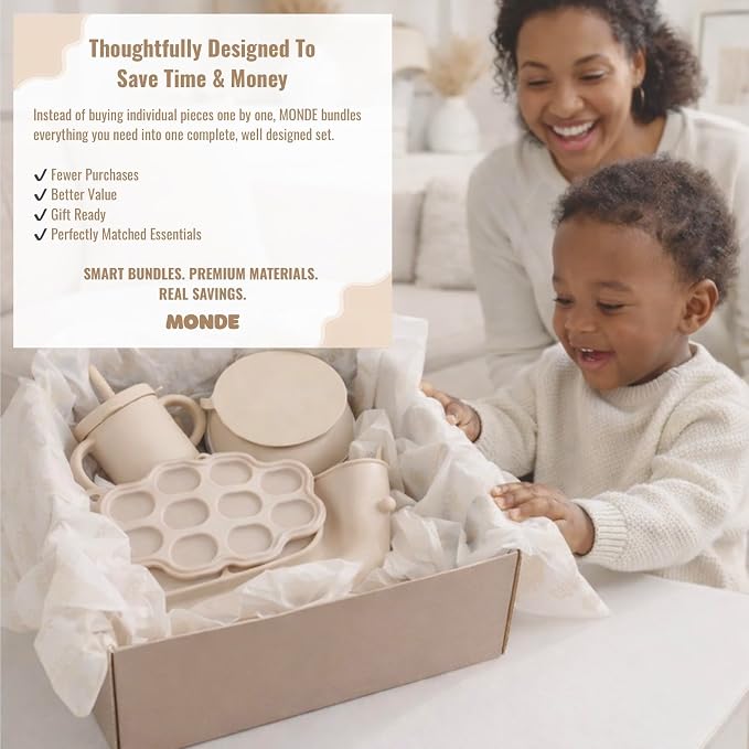 MONDE 25PCS Ultimate Silicone Baby Feeding Set, Complete Mealtime Baby-Led Weaning Essentials From Infant To Toddler, Bib, Smock, Sippy Cup, Dry Wet Bag, Placemat, Perfect Premium Gift Set (Beige)