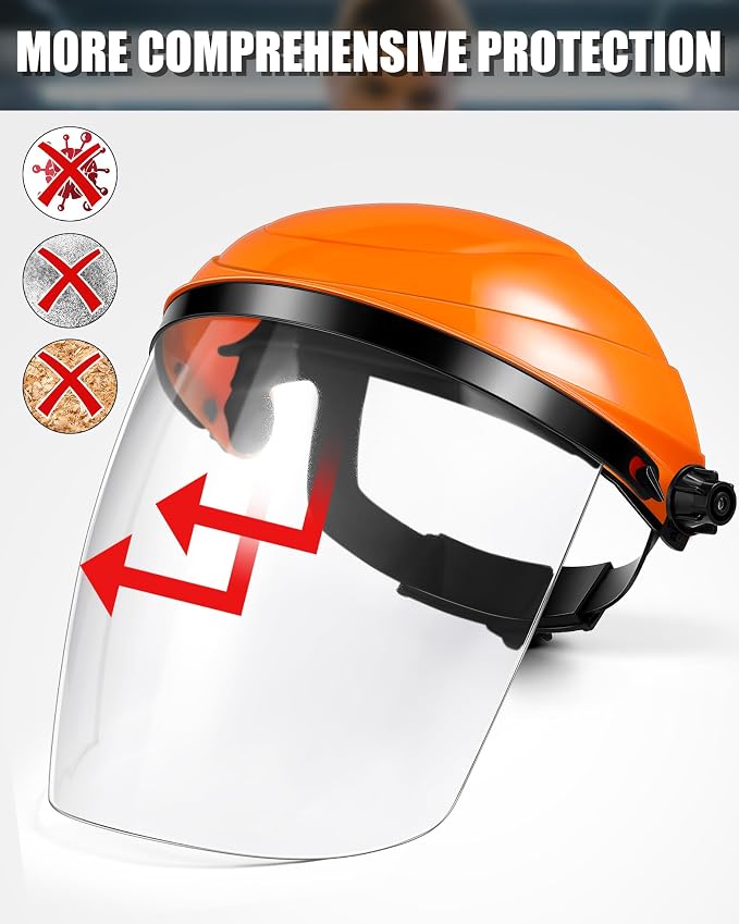 Tellegloww 4 Pack Safety Face Shield for Grinding and Cutting, Full Impact Resistant Face Shield Mask for Work Chemical Woodworking (Orange)