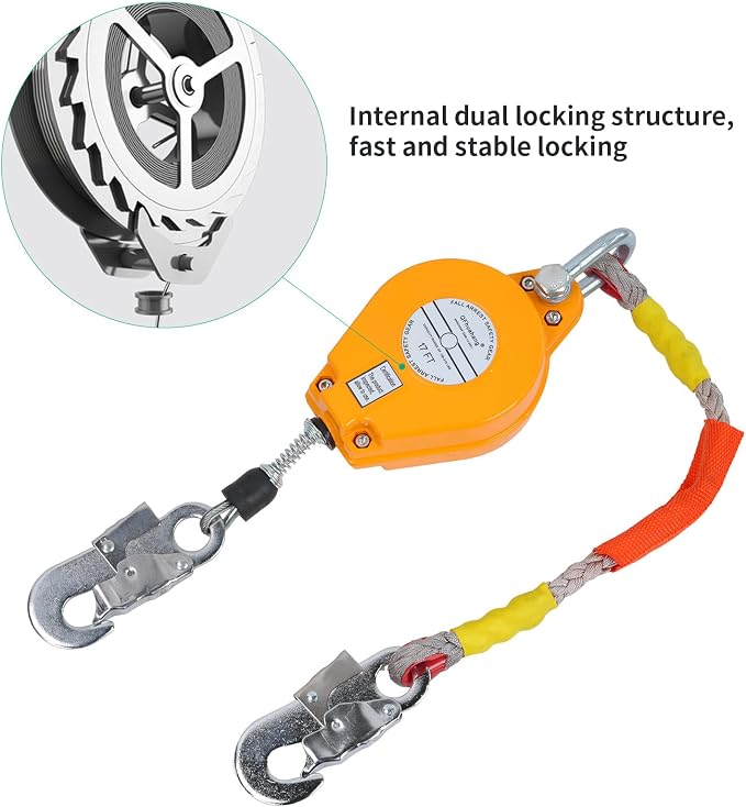 17FT Self Retracting Lifeline, Adjustable Retractable Lifeline Fall Protection Rope, Heavy Duty Retractable Lanyard, Roofing Lifelines, Industrial Fall Arrest Retractor