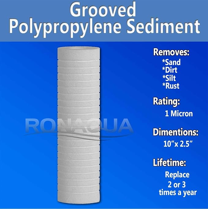 Grooved Sediment Water Filter Cartridge by Ronaqua 10"x 2.5", Four Layers of Filtration, Removes Sand, Dirt, Silt, Rust, made from Polypropylene (25 Pack, 1 Micron)
