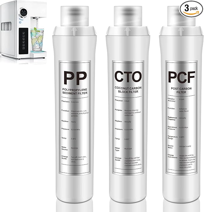 3 Pack Water Filter Replacement Compatible with Bluevua RO100ROPOT, Water Filters Set, 1 PP, 1 CTO, 1 PCF, Improved Drink Quality, Easy to Replace for Household Daily Use Drinking