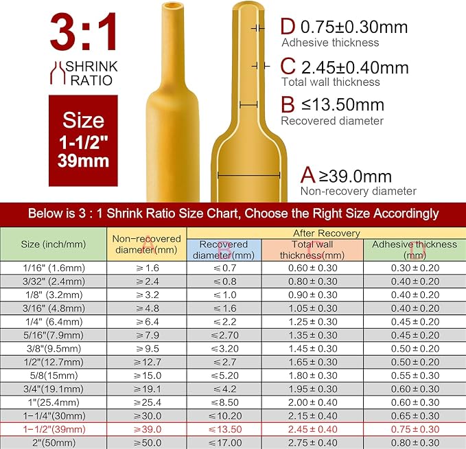 Chanzon 3:1 Ratio - 80ft Roll - Heat Shrink Tubing 1-1/2" (39mm) - Marine Grade Waterproof Adhesive Lined - (25M Total Length) Yellow Polyolefin Sleeving Wrap Shrinking 3 to 1 Ratio 1pcs