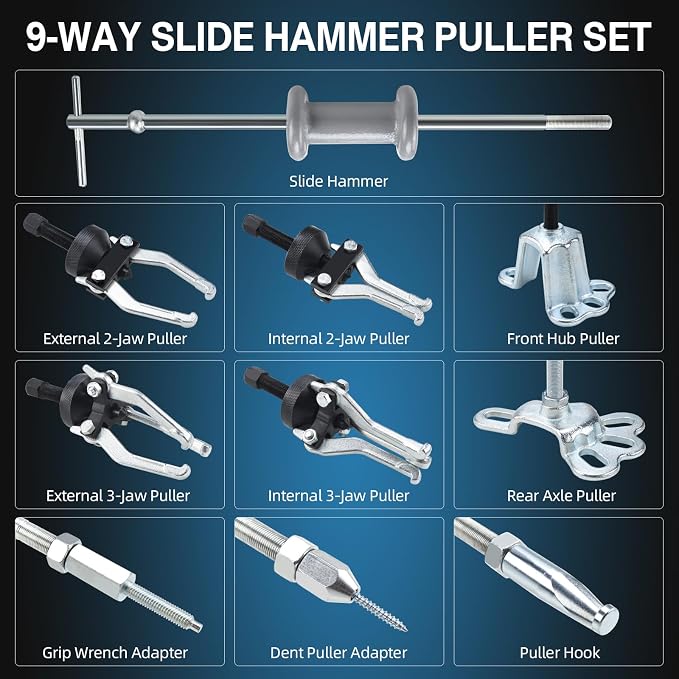 8MILELAKE 9 Way Slide Hammer Puller Axle Front Rear Wheel Bearing Dent Hub Gear Puller Remover Set