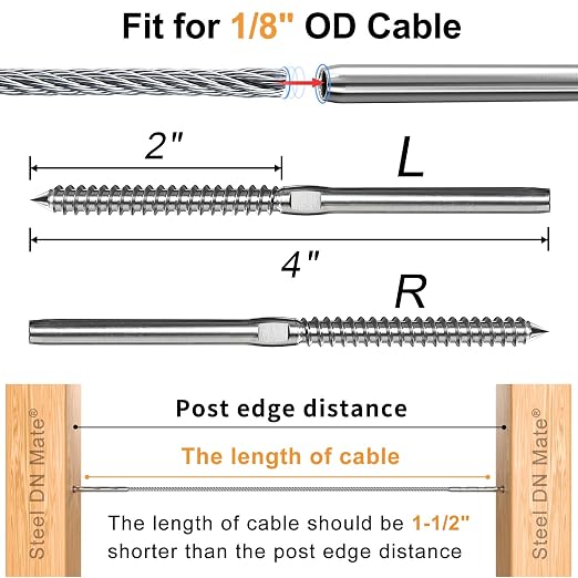 Steel DN Mate 100 Pack T316 Stainless Steel Right&Left Handed Thread Swage Lag Screws for Wood Post of 1/8" Steel Cable Railing Kit, Cable Railing Hardware, DIY Deck Railings, Wrench Include-DM50