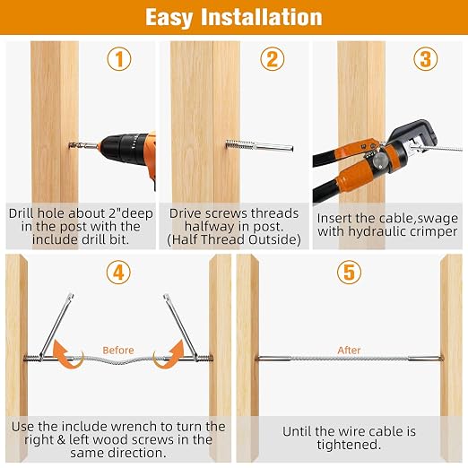 Swage Lag Screws for Cable Railing - 80 Pack T316 Stainless Steel Left and Right Handed Thread - 1/8" Cable Railing Hardware Kit for Deck Stair Wood Post Railing System