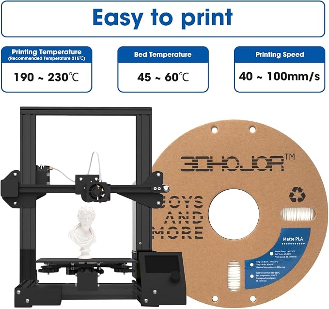 3DHoJor Matte PLA Filament 1.75mm, Upgrade 1kg Cardboard Spool PLA Filament 1.75 - PLA 3D Printing Filament, Print with Most 3D Printers Using 3D Filament(Matte White)