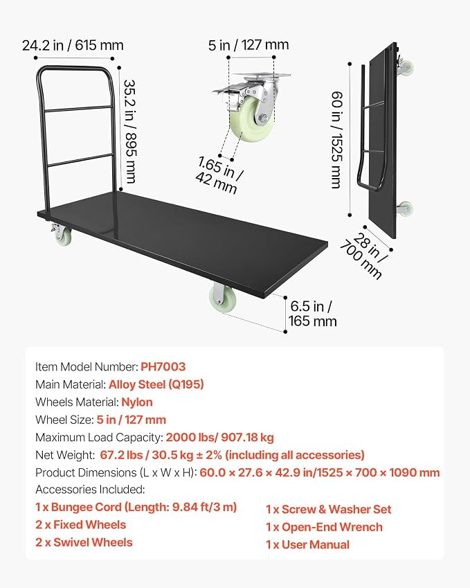 VEVOR 2000 LBS Heavy Duty Platform Truck, Upgraded Version with Larger Deck (60" x 28"), Industrial Steel Flatbed Cart with Swivel Wheels, Push Cart Dolly for Warehouse/Garage/Moving/Garden
