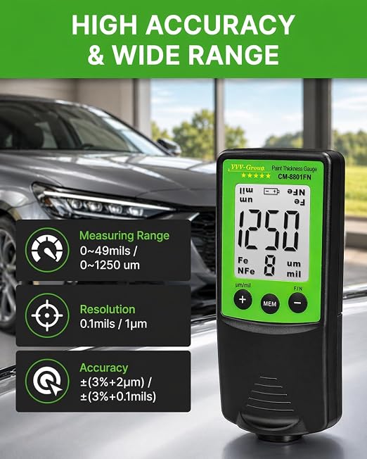 Paint Thickness Gauge CM-8801FN for Cars – Digital Coating Thickness Meter, Auto Fe/NFe Detection, 1 μm Resolution, 0–1250 μm (0–49 mils), ±(3%+2 μm) Accuracy, Automotive Inspection Tool