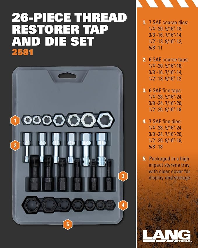 Lang Tools 2581 26-Piece Thread Restorer Tap and Die Set, black