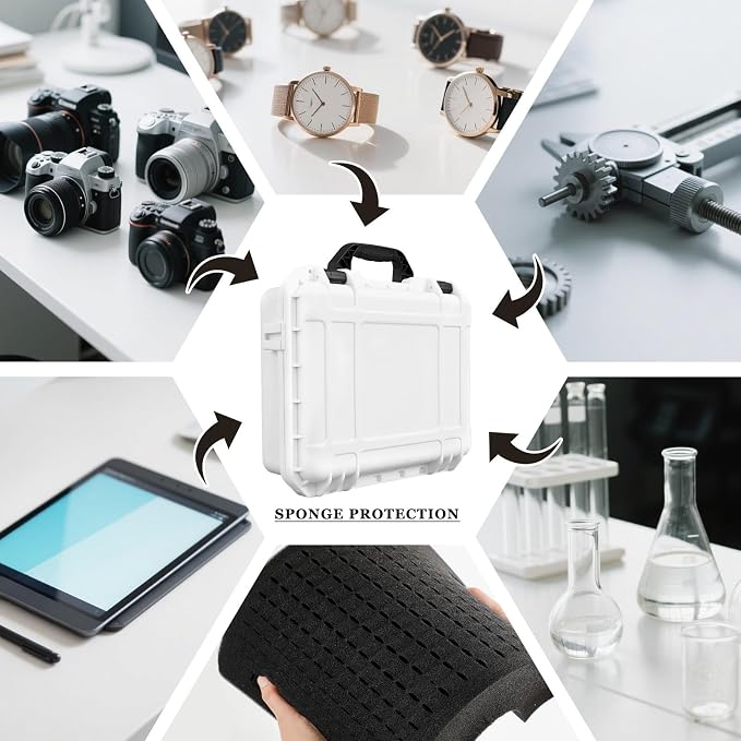 Relaxweex 1 Pcs Waterproof Hard Case with DIY Customizable Foam Insert Portable Protective Case with Knife for Camera Drones Equipments Tools Test Instruments(White,11.3 x 8.7 x 4.2 Inch)