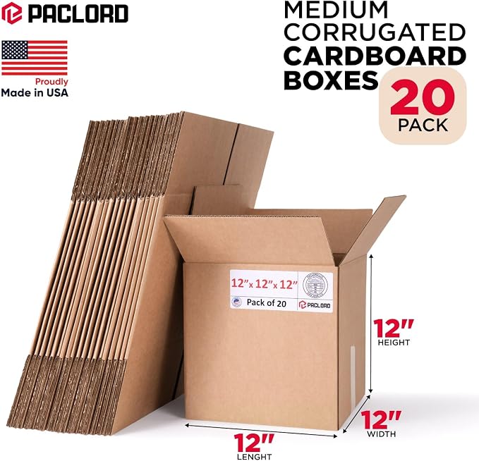Medium Cardboard Boxes 12"L x 12"W x 12"H (Pack of 20) - USA-Made Packing Boxes for Moving, Shipping, or Storage - USPS, UPS, FedEx Approved - Professional Packing Supplies for Moving | USA-Made Packing Boxes for Moving, Shipping, or Storage - USPS, UP...