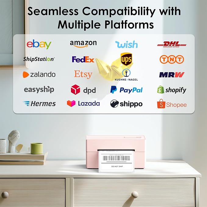 KNAON Bluetooth Thermal Shipping Label Printer, 4x6 Portable Thermal Address Label Printer for Small Business, Compatible with iPhone,Android,Windows,Mac,–Works with Etsy Shopify USPS&More, Pink