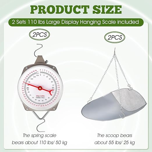 Tellegloww 2 Sets 110 lbs Large Display Hanging Scale with Scale Scoop Kitchen Dial Weight Scale Silver Industrial Spring Scales for Shopping Traveling Food Produce Weighing