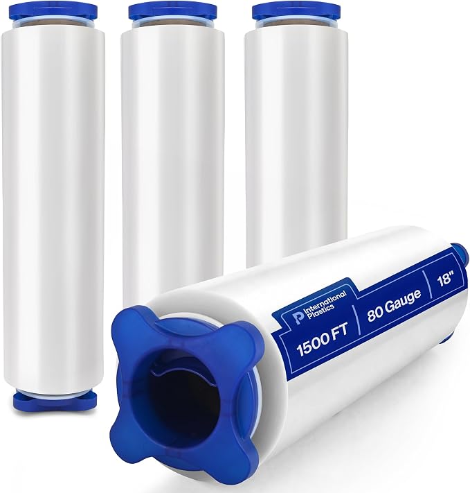 International Plastics Co. 18" Stretch Film/Wrap 1500 feet 7 Layers 80 Gauge Industrial Strength up to 800% Stretch 20 Microns Adhering Packing Moving Heavy Duty (Clear, 4 Pack - Tension Handles)
