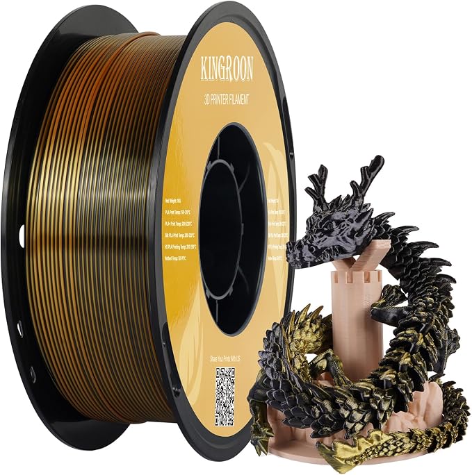 Kingroon PLA Filament, Multicolor Silk PLA Filament, Dual Color 3D Printer Filament, 1.75 mm, Dimensional Accuracy +/- 0.03 mm, 1kg Spool(2.2lbs), Black Gold