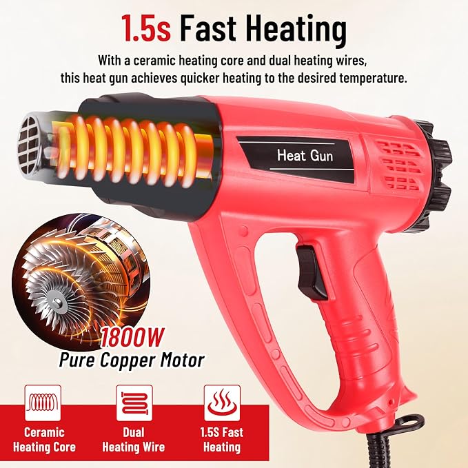 1800W Heat Gun for DIYers, Crafters & Electronics Repair – 140°F~1112°F Variable Temp, 1.5s Fast Heat, 5 Nozzles, 2 Scrapers, Overheat Protection, Hands-Free Stand | Shrink Tube, Resin, Vinyl Wrap