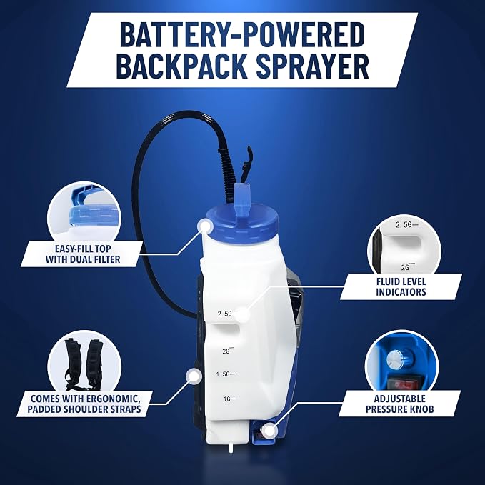 B&G Battery-Powered Backpack Sprayer (2.5 Gallon) – Cordless Electric Sprayer with 12” Extension Wand | 21V 5.2Ah Rechargeable Battery | Adjustable Pin-to-Cone Tip