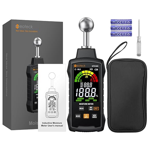 Neoteck Moisture Meter with REF Comparison, ±2.5% Accuracy Pinless Non-Destructive Moisture Detector with 5-40mm Measuring Depth,3-Color Warning Display,5 Modes for Wood Concrete Cement Plaster