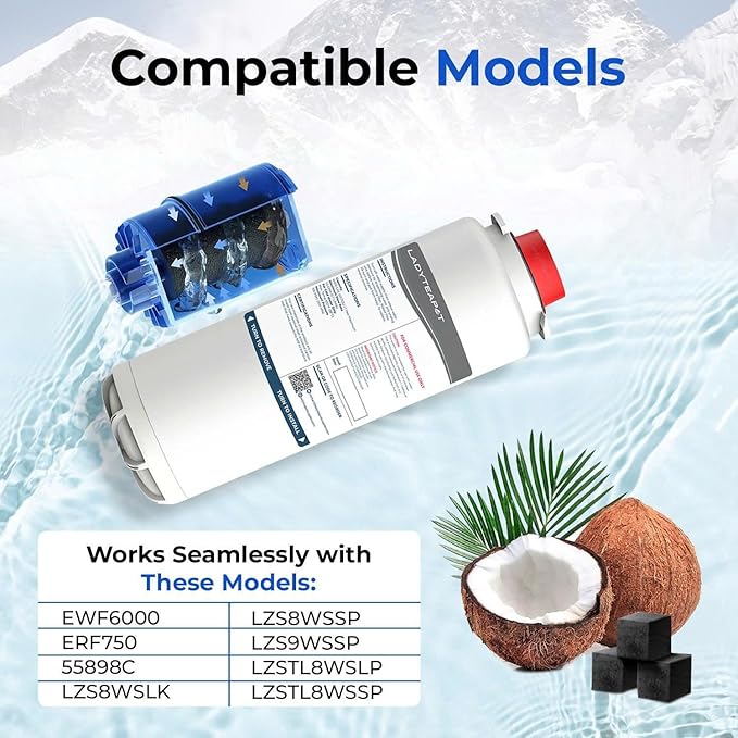 Water Filter Replacement Compatible With Elkay 51600C EWF6000 Bottle Filling Stations, 6000 Gallons/12 Months (No Chip - 4 Pack)