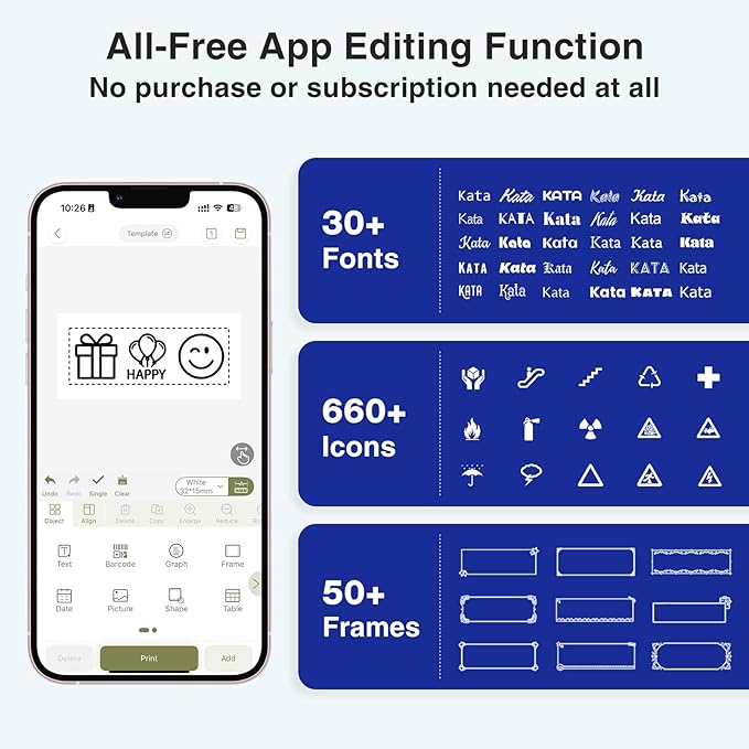 SUPVAN E12 Bluetooth Label Maker Machine, Support Keyboard & App with 30+ Fonts and 660+ Icons, Rechargeable Inkless Labeler for Office, Home, Kitchen, School, Organization, Black