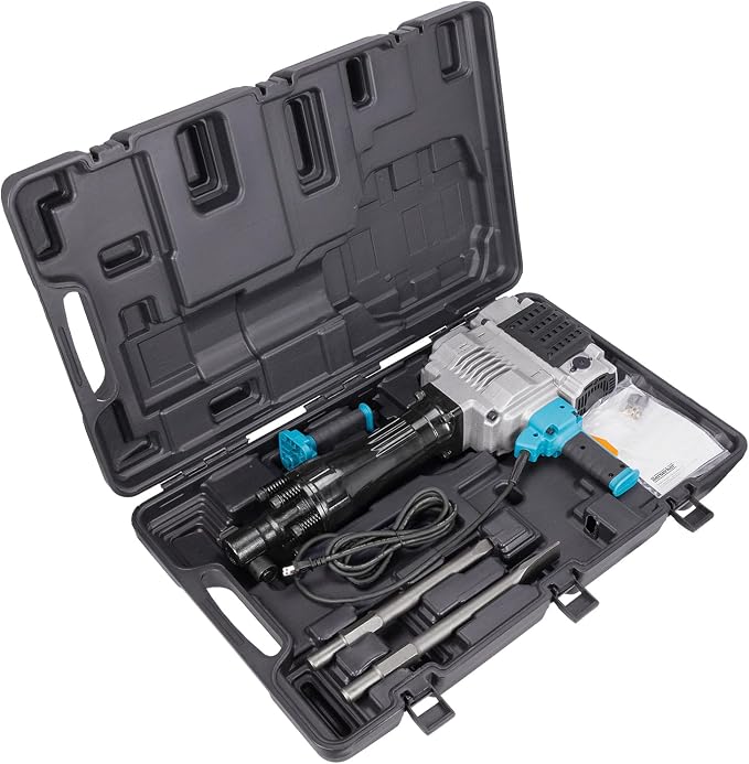 Berserker 2100W 50-Pound Demolition Jack Hammer 125K with 1-3/16" Hex,17Amp | Full-Size Heavy duty Corded Electric Concrete/Pavement Breaker with Wheeled Carrying Case, Flat Chisel, Bull Point Chisel