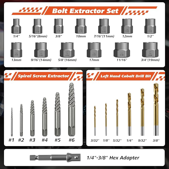 26-Piece Impact Bolt Spiral Screw Extractor Set with Left Hand Reverse Drill Bit Kit & Hex Adapter, Easy Out Kit for Removing Damaged, Stripped, Broken Bolts, Screws, Nuts