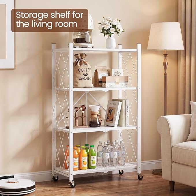 ALANNG 4 Tier Folding Storage Shelf on Wheels,Heavy Duty Metal Rolling Cart | 264 lbs Capacity, No Tools Assembly, Folds to 3.9", Lockable Casters, Portable for Kitchen Laundry Garage