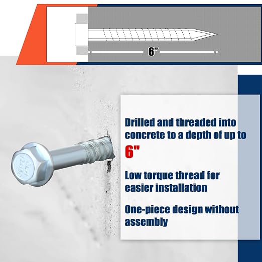 Tandefio 60 Pack 1/2" x 6" Concrete Screw Anchor Galvanized Large Diameter Heavy Duty Plated Concrete Anchors for Masonry Brick Anchoring Block Decking Framing Hex Drive