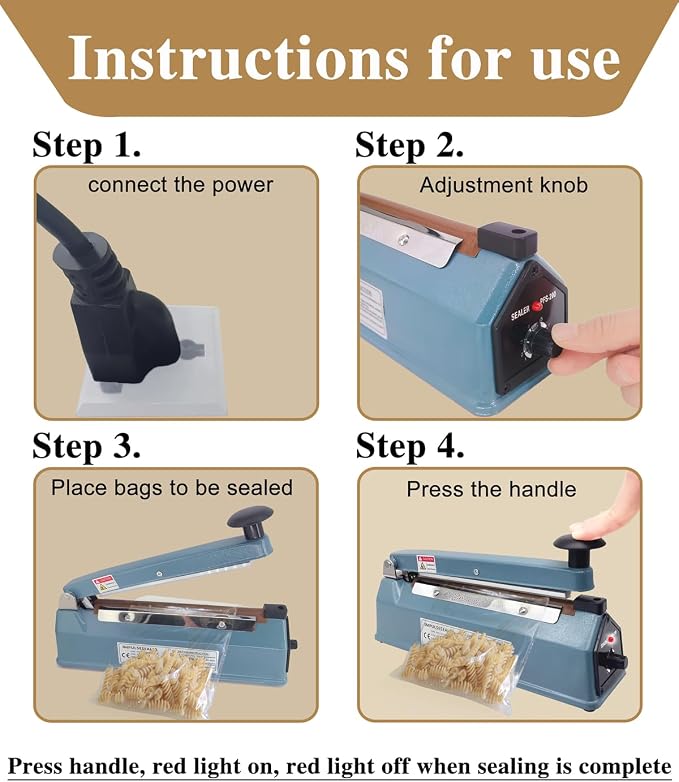 8 Inch 5mm Impulse Heat Sealer Machine for Plastic Mylar Bags, Metal Shell, with 6 Replacement Parts (including 2 Cutting Lines)