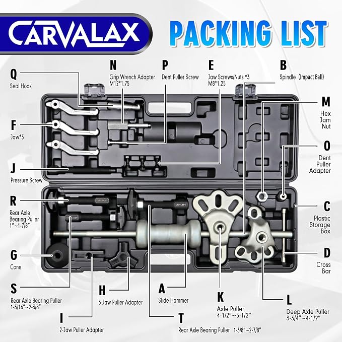 CARVALAX 12-Way Slide Hammer Puller Set | Auto Repair Kit for Hub, Bearing, Gear & Axle Extractor, Dent Removal, Heavy Duty 23-Piece w/Case