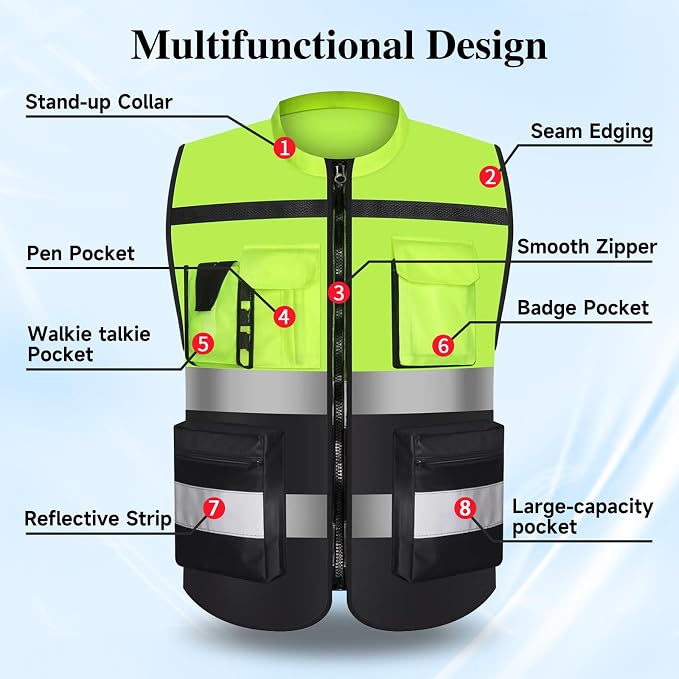 Safety Vest Two Tone for Men Women Work Vest with Pockets and Zipper Construction Workwear Vest
