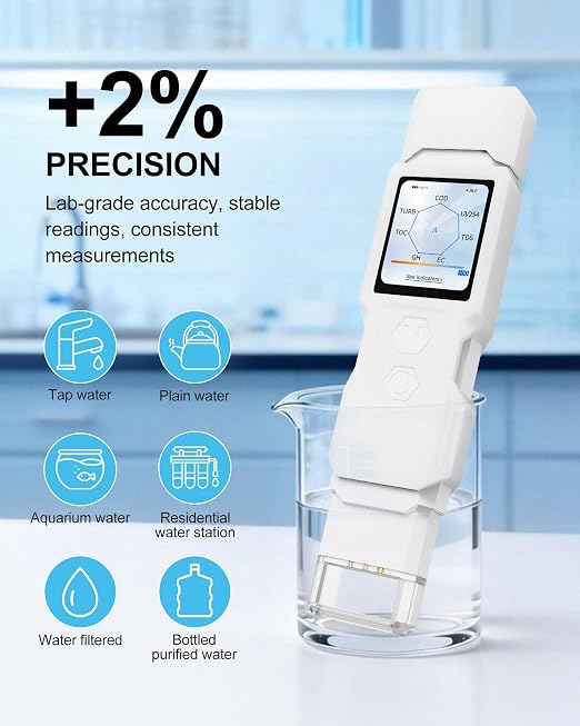 9-in-1 Smart Water Tester with APP Monitoring, Digital Water Test Kit for Turbidity, TDS, EC, Temp, Salt, GH, TOC, COD & UV275, Professional Water Tester for Drinking Water, Well, Tap & Outdoor.