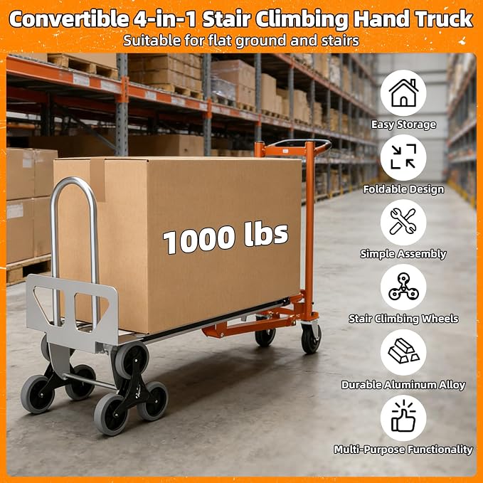 Aluminum 4 in 1 Convertible Hand Truck Dolly Cart with Wheels, 1000Lbs Capacity, Heavy Duty Stair Climbing Hand Trucks with Bungee Cord&Strap for Flat Ground & Stairs, Logistics, Home, Office, Orange