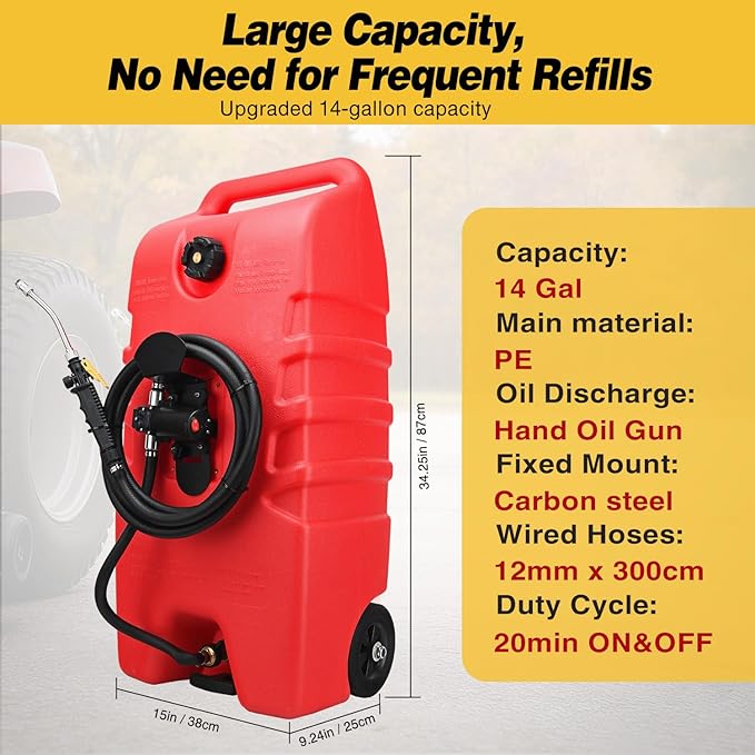 GOOACC 14 Gallon Fuel Caddy, Portable Fuel Transfer Tank with 12V DC Electric Pump, Heavy-Duty Empty Gasoline/Diesel Storage Container with Wheels and 10FT Hose for Motorcycles Boats Lawn Mowers, Red