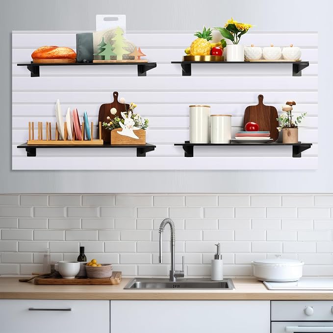 Barydat 4 Sets 23.6 x 11.8 Inch Slatwall Shelves with Metal Brackets Set Heavy Duty Slat Wall Knife Shelf Bracket Accessories Wall Organizer for Garage and Retail Display, Black