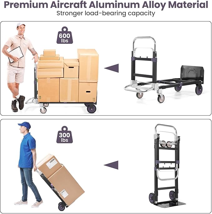3-in-1 Convertible Heavy Duty Folding Hand Truck Dolly, 600LB Capacity with Rubber& Wheels Telescoping Handles, Portable Collapsible Cart for Warehouse, Supermarket, Office (Black)