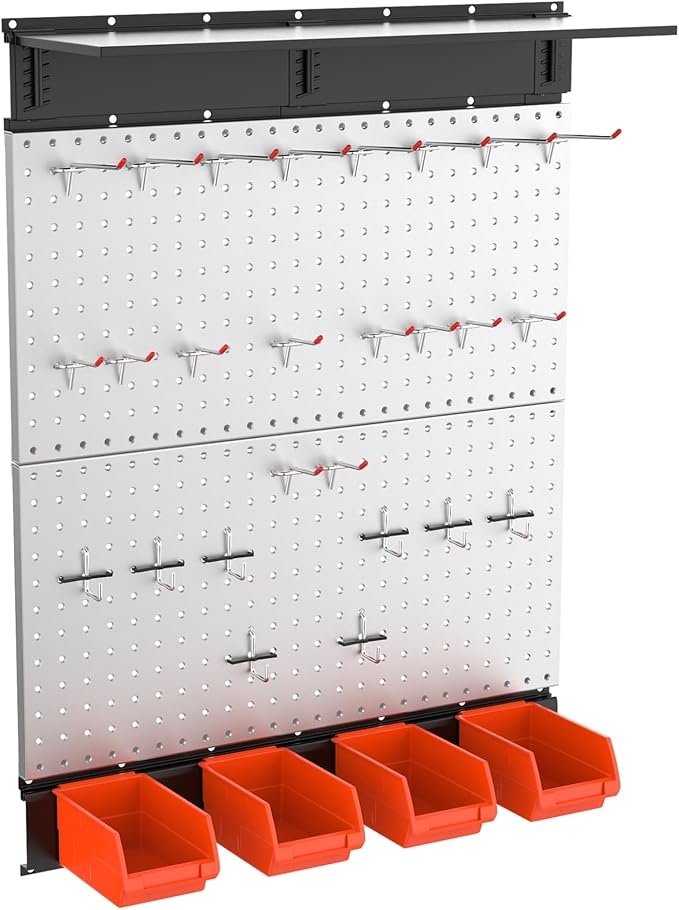 TORACK Metal Pegboard with Accessoreis for Garage Wall, Tool Organizer Pegboard with Hooks, Wall Mounted Bins/Shelf, Tool Storage Peg Board for Wall(Grey)