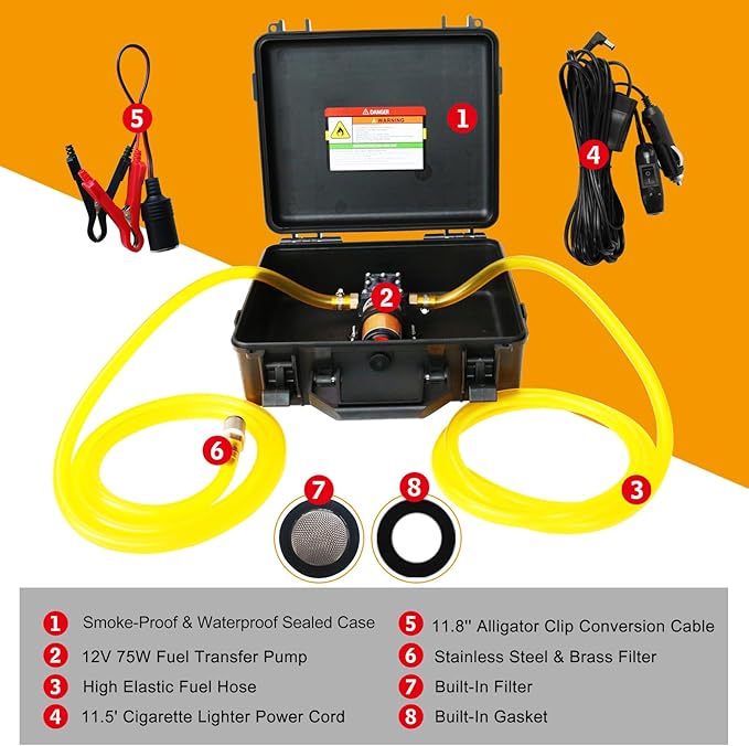 12V 75W Fuel Transfer Pump Kit, 110GPH Gas Transfer Pump with High Elastic Fuel Pipe & 2 Power Cables, Great for Vehicles, Boats, Equipment, Gasoline, Diesel (110GPH, SET)
