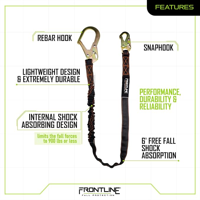 Frontline LIS61R Combat Single Leg 6' Rebar Hook End Lanyard with Internal Shock Absorber | Single Leg with Rebar Hook End | ANSI & OSHA Compliant | 5000 lbs. Min. Breaking Strength