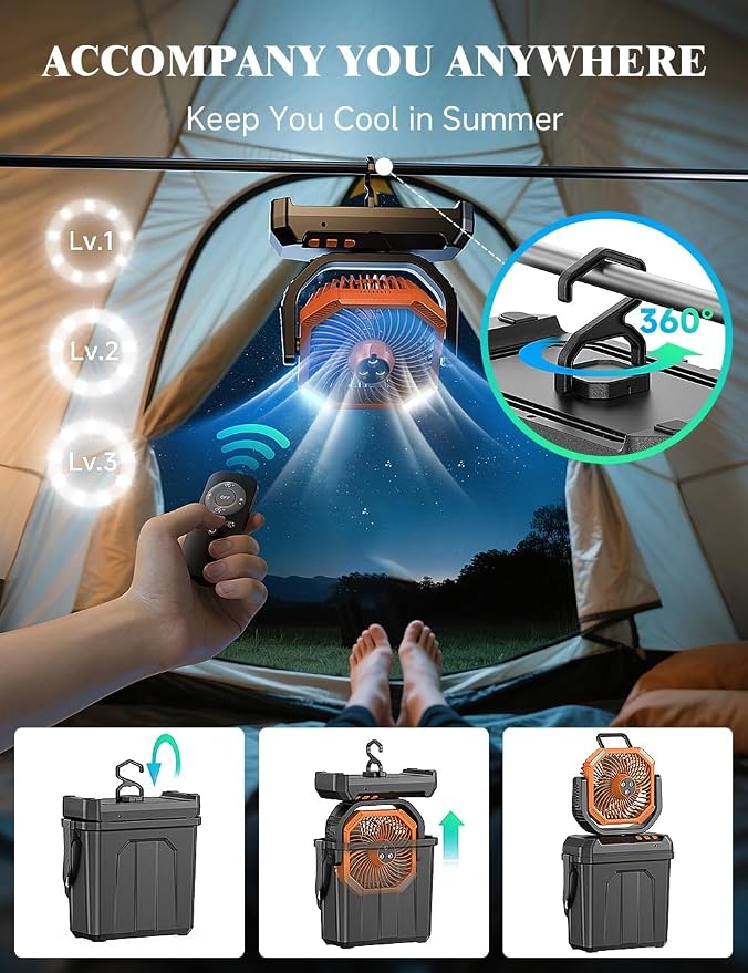 Portable Misting Fan for Outdoors Patios, 20000mAh Rechargeable, 6L Quiet Air Cooling with Remote, 4 Speeds, Spray, 30 dB Camping Fan for Bedroom, Office (Orange)