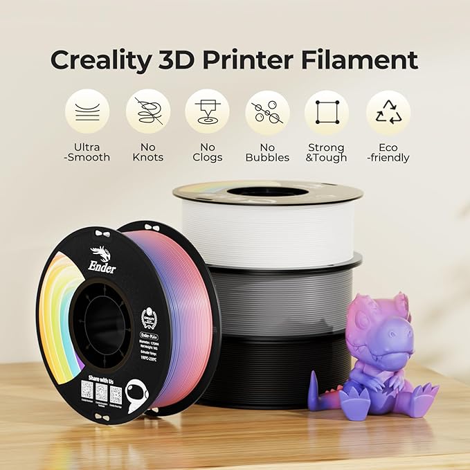 Creality 3D Printer Filament 1.75mm, Rainbow PLA+ Filament No-Tangling Strong Toughness Vacuum Packaging Multi-Color 3D Printing PLA Filament Fit Most 3D Printers