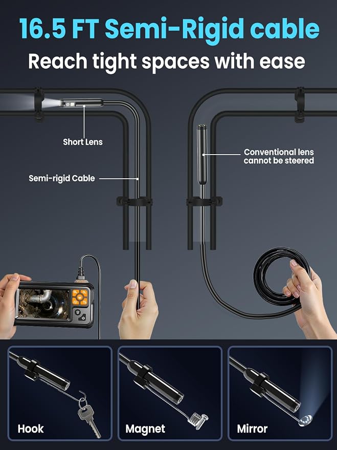 Endoscope Camera with Light, 4.3" IPS Screen 1080P Tools Borescope with 8 LED Lights，Semi-Rigid Cable Snake Camera, IP67 Waterproof Sewer Inspection Men Tool - 16.5FT-Dual Lens