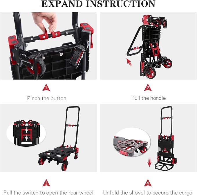 Folding Hand Truck 330lbs Capacity Heavy Duty Dolly Cart with 2 Elastic Bungee Rope,4 Rubber Wheels,Retractable Handle,Convertible Portable Cart Luggage,Travel,Moving,Shopping,Office Use.