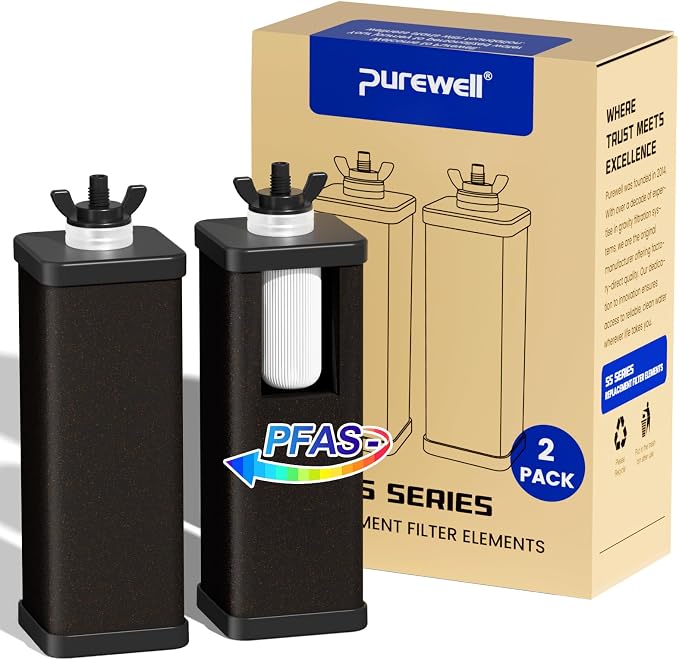 Purewell 4-Stage Composite Carbon Filter for Chlorine & PFAS Reduction, 2X Thick Walls, Up to 20,000 Gallons, Compatible with Berlkey, ProOne & Purewell Gravity Systems (2 Pack, SS Series, PF-6-PFAS)