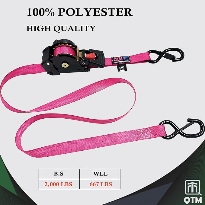 QTM 4-Pack Stainless Steel Spring Retractable Ratchet Straps Pink, 1" x10' with Soft Loops, Heavy Duty, 2,000lbs Breaking Strength, with Storage Bag, Best for Cargo, Truck, Bicycle, Motorcycle