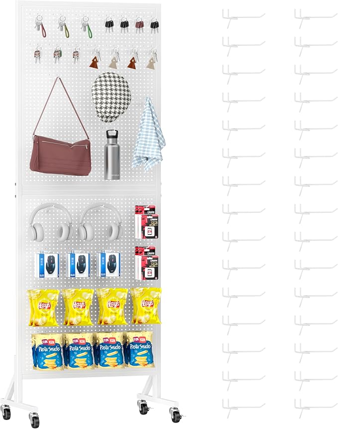 Folews Metal Peg Board Display Stand 24″ x 70″, Freestanding Pegboard Organizer with Wheels & 30 Hooks, Portable Rolling Pegboard Display Rack for DIY Retail Craft Fair Garage Display & Storage, White