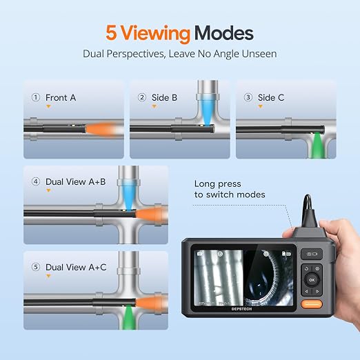 Triple Lens Endoscope Camera with Light with 50FT Semi-Rigid Cable, Triple Lens Borescope Tool, DEPSTECH 5" IPS Screen Endoscope Camera with Lights