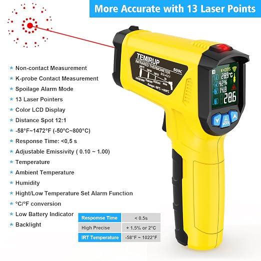 Infrared Thermometer Temperature Gun, -58°F to 1472°F, Digital Laser Thermometer Gun with Probe for Cooking, Pizza Oven, Grill & Engine, IR Thermometer Temp Gun with Adjustable Emissivity & Humidity