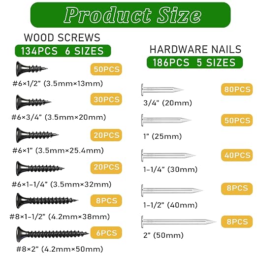 320Pcs Premium Hardware Nails & High Hardness Black Drywall Screws Assortment Kit,11 Sizes (1/2"-2"),Phillips Drive Flat Head, Wood Screws,Galvanized,Picture Hanging,Common Nails with Storage Box